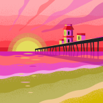 Antiquaire et brocanteur à Paris Illustration d’une scène de plage au coucher du soleil. Le soleil se couche à l’horizon, projetant des teintes vibrantes de rose, violet et orange sur le ciel et l’océan. Une longue jetée en bois s'étend dans l'eau, accueillant les visiteurs vers un petit bâtiment au toit rouge à son extrémité. La plage de sable au premier plan présente des touches de vert et de jaune.