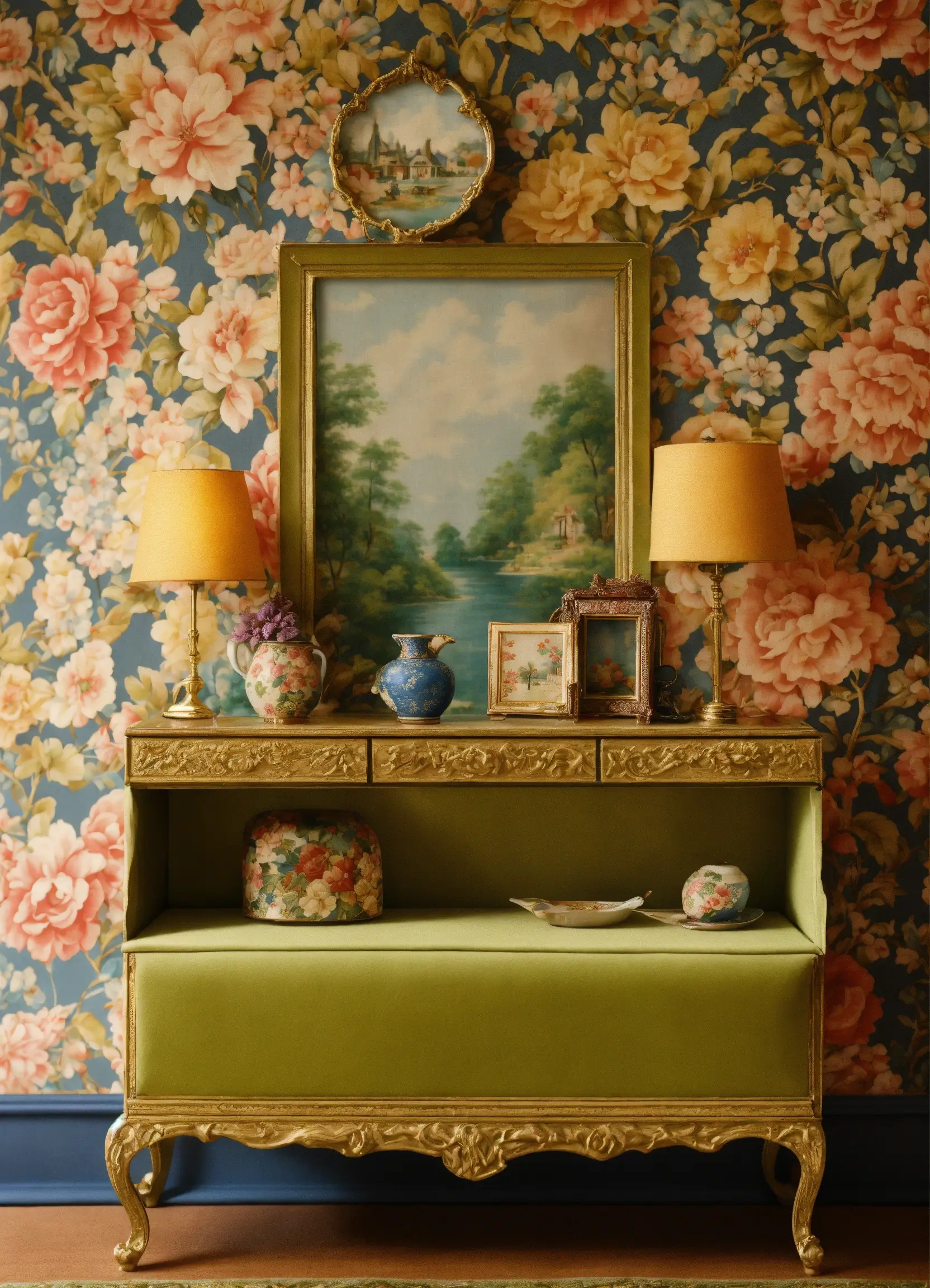 Antiquaire et brocanteur à Paris Une table console ornée d’accents dorés se dresse contre un mur recouvert de papier peint floral. Il comprend une peinture de paysage encadrée, deux lampes jaunes ainsi qu'un assortiment de vases et de cadres photo. L'étagère inférieure rembourrée vert clair de la table présente des objets décoratifs, notamment une boîte à chapeau à motifs floraux, un achat parfait pour votre espace élégant.