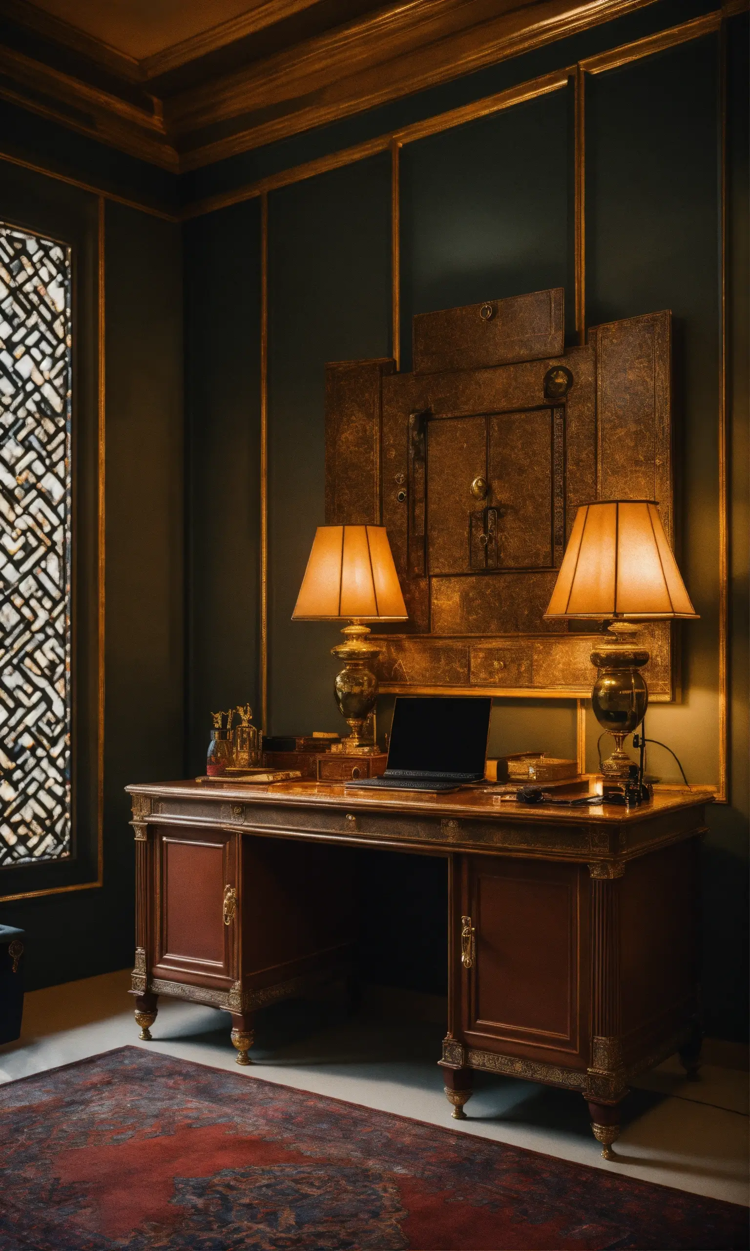 Antiquaire et brocanteur à Paris Un bureau luxueux avec des murs vert foncé et des garnitures dorées, doté d'un bureau en bois vintage avec des sculptures complexes. Le bureau contient un ordinateur portable, deux élégantes lampes de table aux nuances dorées et diverses fournitures de bureau. Un grand panneau de bois orné et une fenêtre en treillis décoratif ornent l'espace. Parfait pour toute discussion d’estimation de grande valeur ou pour une ambiance de prise de décision d’achat. Un tapis rouge aux riches motifs repose sur le sol.