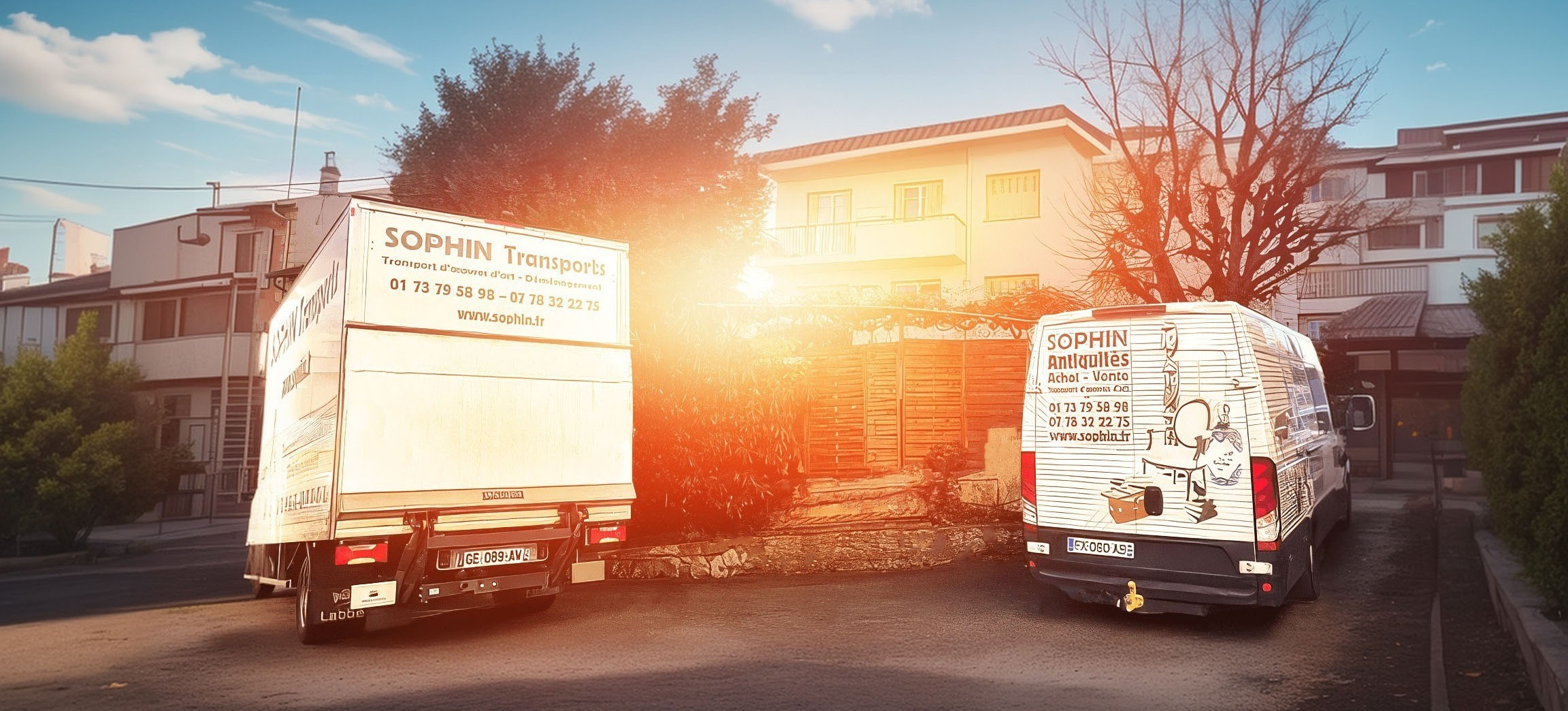 Antiquaire et brocanteur à Paris Deux camions de déménagement sont garés dans une rue de banlieue, devant une maison avec cour et arbres. Un camion, portant la marque « SOPHIN Transports », est blanc et reculé dans l'allée. L'autre, « SOPHIN Antiquités », s'étend en partie sur la route. Le soleil se couche en arrière-plan, projetant une lueur chaleureuse sur les deux transports.