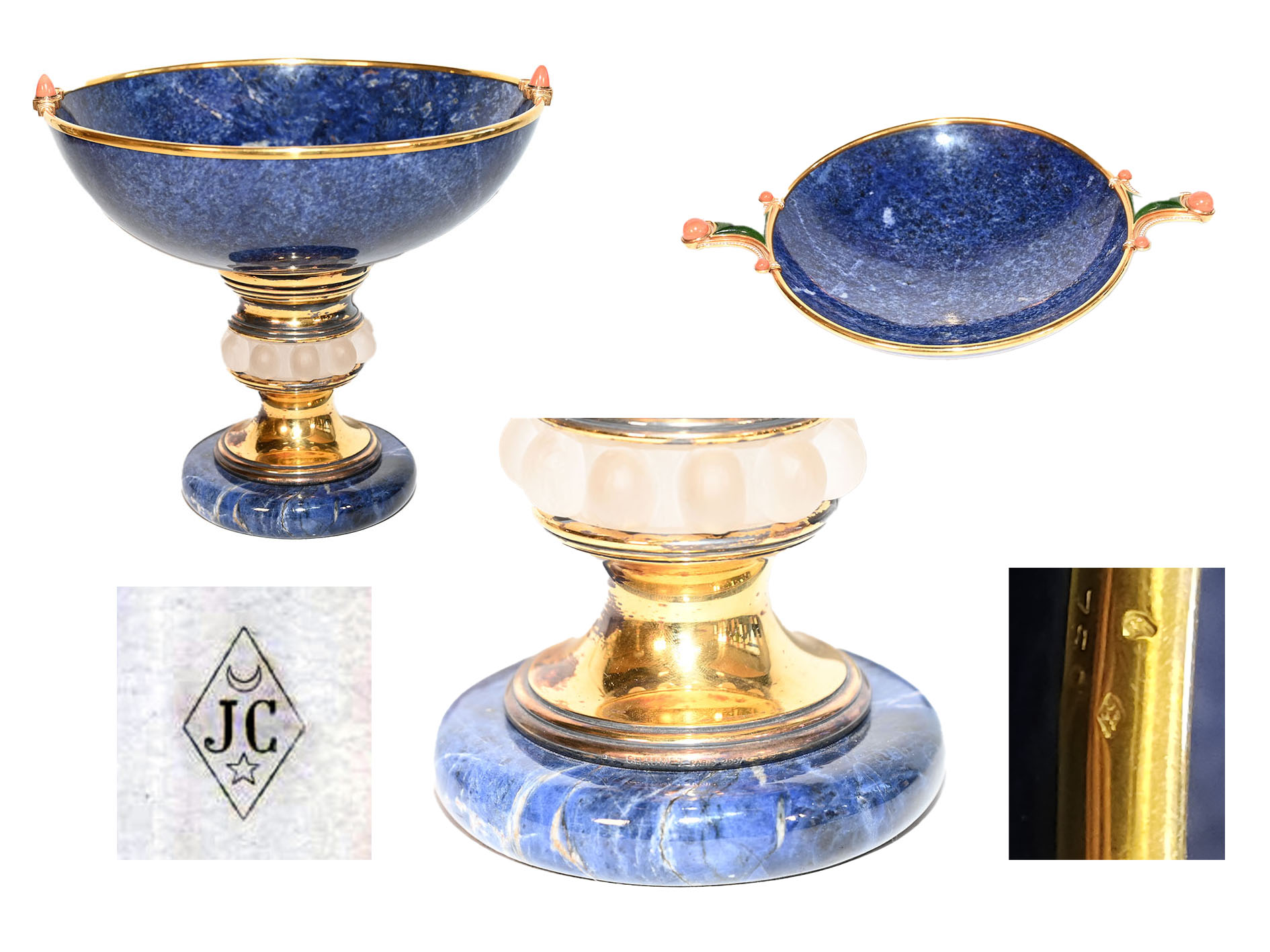 Antiquaire et brocanteur à Paris Une image composite présente un bol décoratif bleu et or aux détails complexes, mettant en valeur le savoir-faire de Chaumet. Le bol comporte des poignées en pierre de couleur rose, une tige dorée avec un anneau central blanc et repose sur une base bleue et dorée. Sont inclus des gros plans de la marque du fabricant « JC » et des poinçons sur les parties en or.