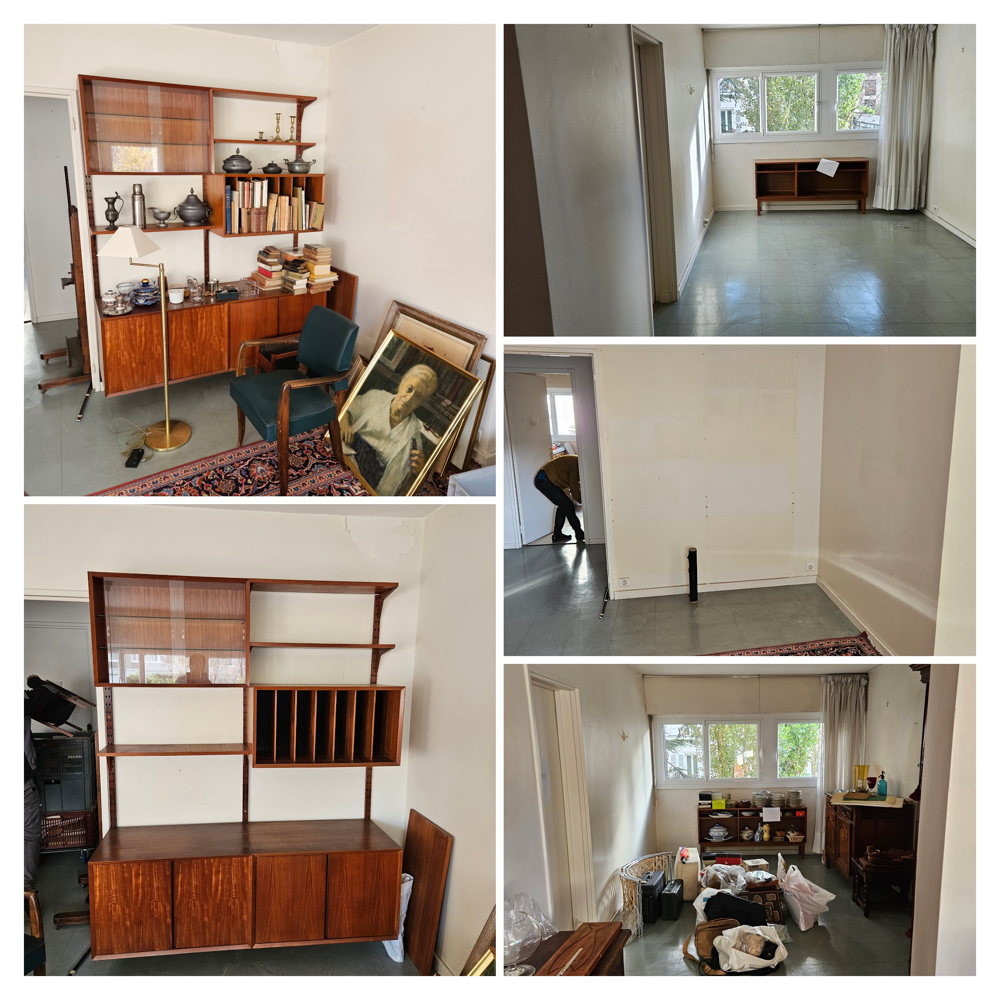 Antiquaire et brocanteur à Paris Collage de cinq images montrant une salle dans différents états d'organisation à Paris. Les images en haut à gauche et en bas au centre affichent une étagère en bois avec des livres et des objets. En haut à droite, on voit une pièce vide avec un seul banc. Au milieu à droite, on voit une personne près d’un mur blanc. L'angle inférieur droit représente les étages post-débarras, garantissant une opération réussie.