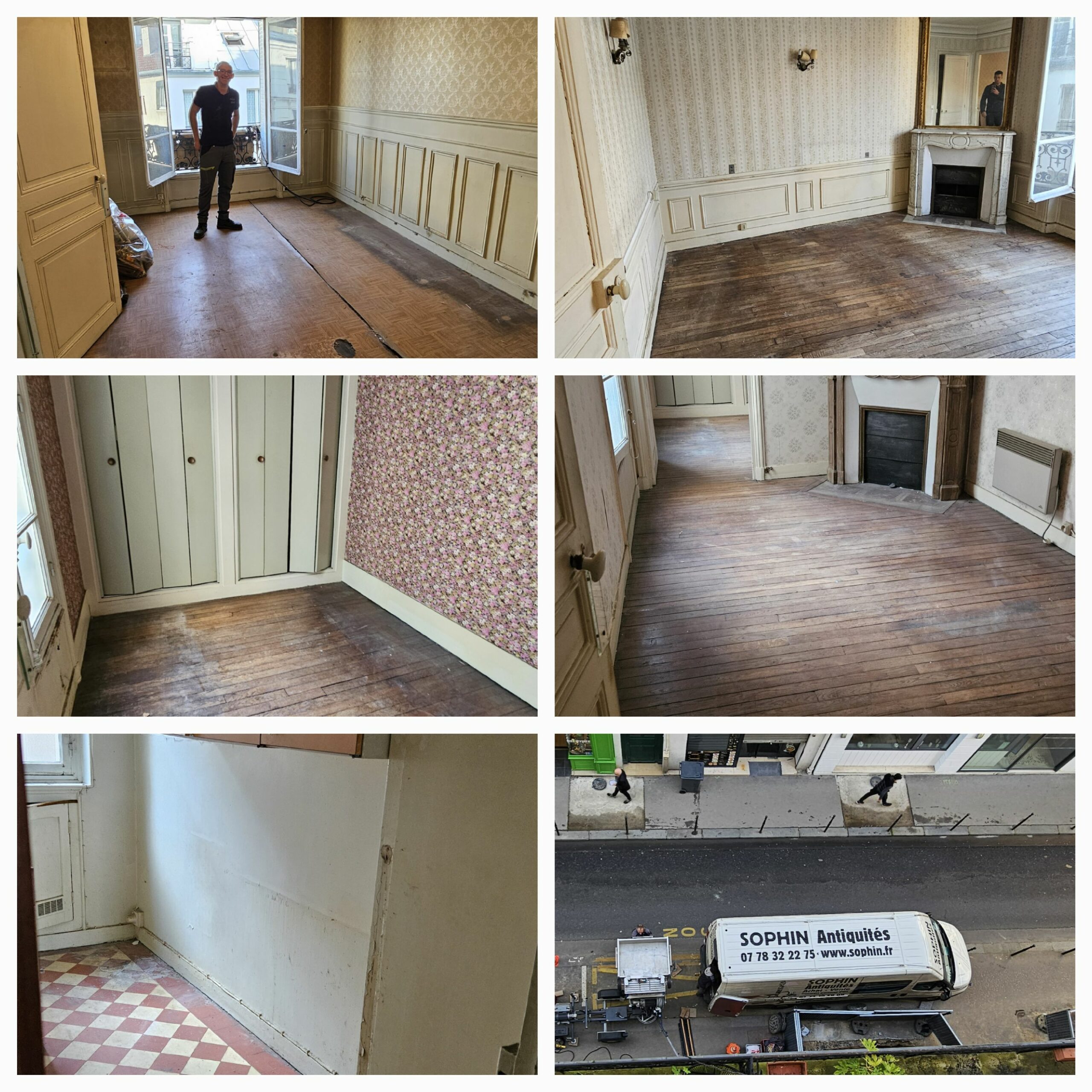 Antiquaire et brocanteur à Paris Un collage de six panneaux montrant la rénovation d'une pièce dans le 16ème arrondissement de Paris. Les images représentent la transition entre des murs et des sols vides et dépouillés et des scènes partiellement rénovées. Comprend une personne travaillant, du parquet poncé et un foyer. Un panneau montre une vue de rue avec "SOPHIN Antiques" sur un camion blanc lors d'un débarras de succession d'appartements.