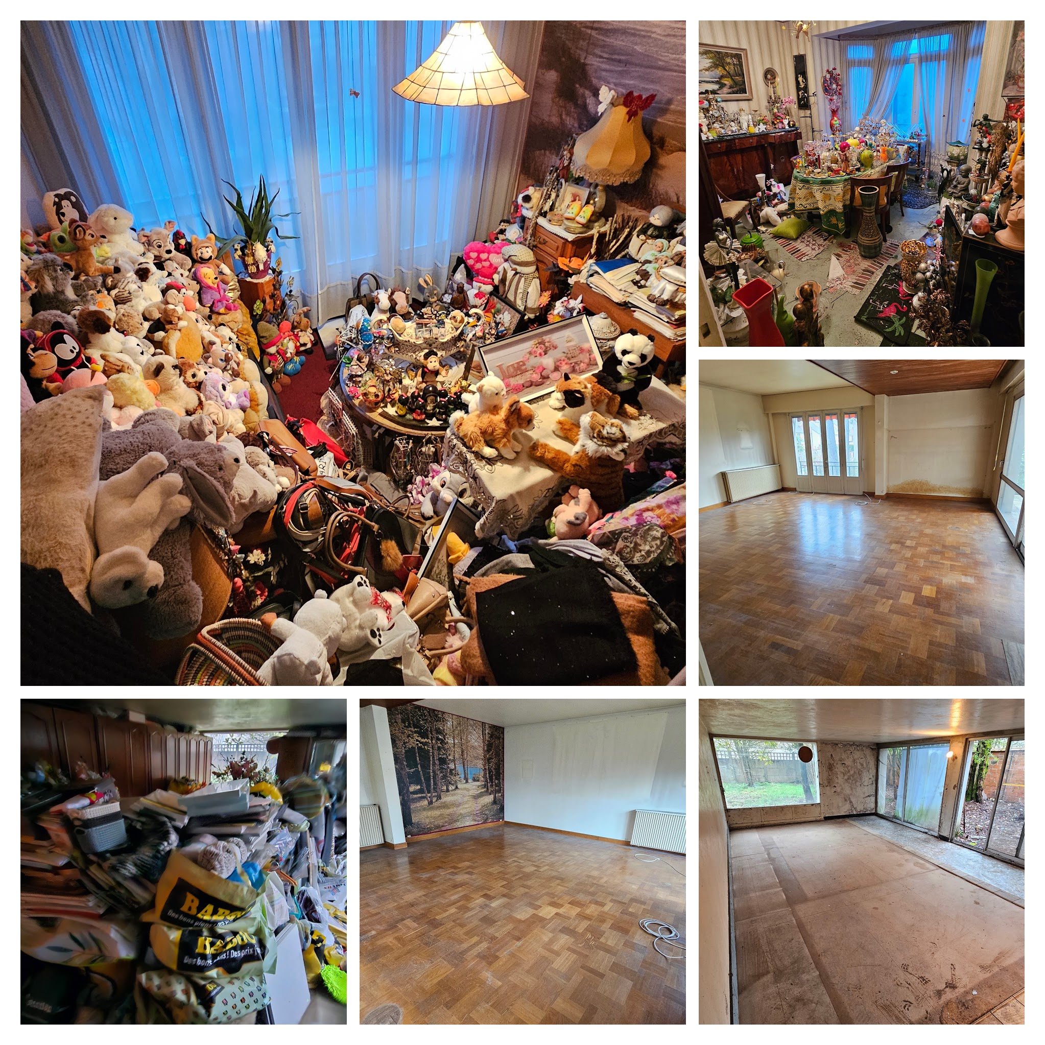 Antiquaire et brocanteur à Paris Un collage représente six images de pièces, mettant en évidence une transformation spectaculaire. Les coins supérieur gauche et central droit montrent des espaces encombrés, remplis de jouets et d'objets, rappelant l'achat compulsif. Les trois espaces inférieurs et supérieur gauche montrent les mêmes espaces rangés et vides, révélant des planchers de bois franc et de grandes fenêtres.