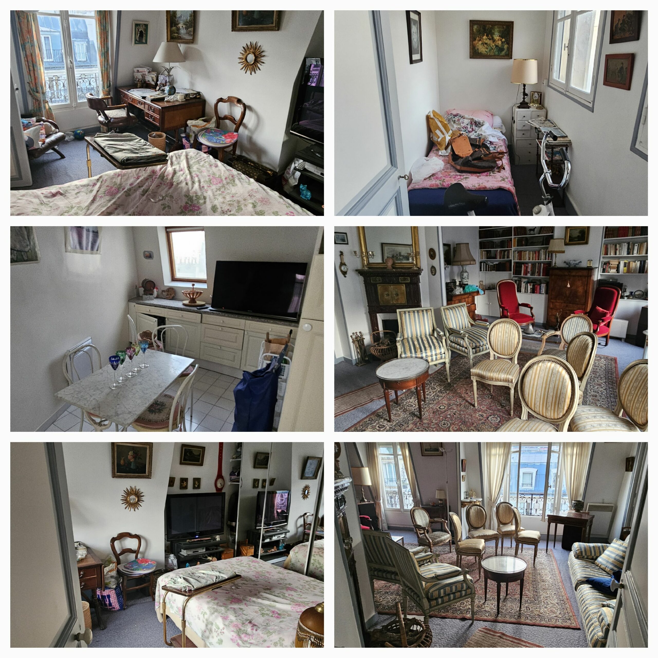 Antiquaire et brocanteur à Paris Un collage de six images présentant différentes pièces d’une maison. Les images comprennent un salon confortable avec diverses chaises, une chambre avec couvre-lit fleuri et télévision dans le coin, un petit coin repas avec table et télévision, et d'autres pièces remplies de meubles et de décorations provenant d'un récent Débarras Appartement Paris.