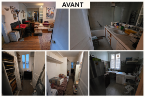 Appartement avant débarras avec pièces encombrées, salle de bain chargée, couloir rempli et cuisine occupée.