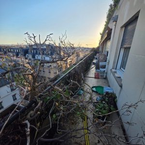 Débarras de terrasse à Paris avec enlèvement de pots en amiante et évacuation des déchets vers une déchetterie agréée.