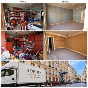 Débarras Diogène à Paris par SOPHIN Débarras : photos avant et après intervention, appartement entièrement vidé et camion professionnel.